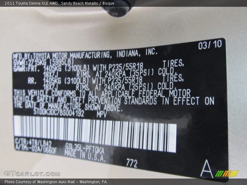 Sandy Beach Metallic / Bisque 2011 Toyota Sienna XLE AWD