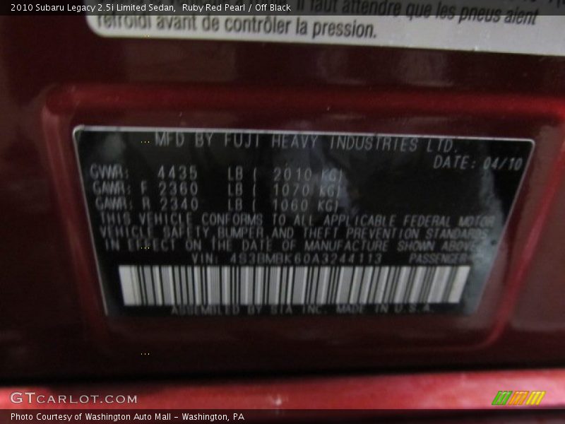 Ruby Red Pearl / Off Black 2010 Subaru Legacy 2.5i Limited Sedan