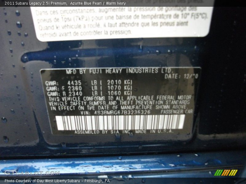 Azurite Blue Pearl / Warm Ivory 2011 Subaru Legacy 2.5i Premium