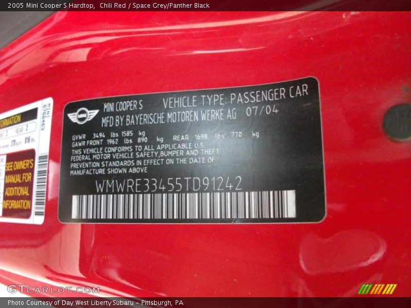 Chili Red / Space Grey/Panther Black 2005 Mini Cooper S Hardtop