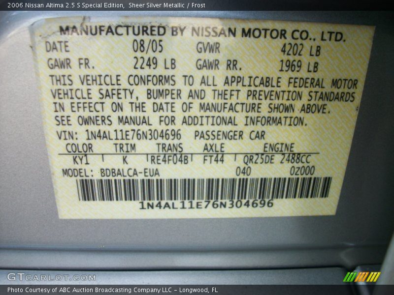 Sheer Silver Metallic / Frost 2006 Nissan Altima 2.5 S Special Edition