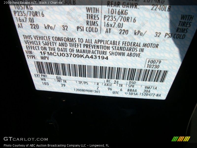 Black / Charcoal 2009 Ford Escape XLT