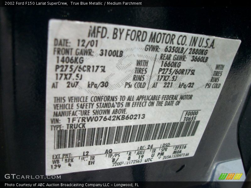 True Blue Metallic / Medium Parchment 2002 Ford F150 Lariat SuperCrew