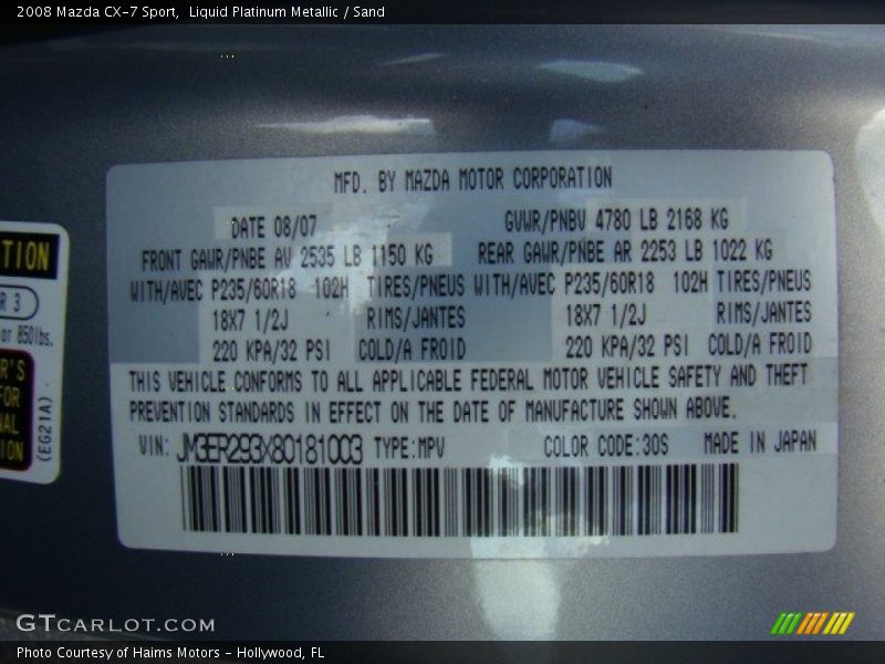 Liquid Platinum Metallic / Sand 2008 Mazda CX-7 Sport