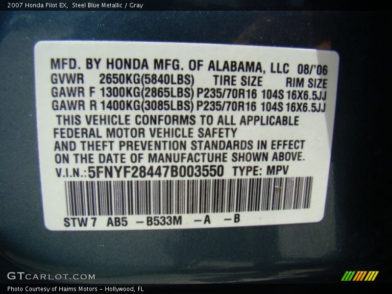 Steel Blue Metallic / Gray 2007 Honda Pilot EX