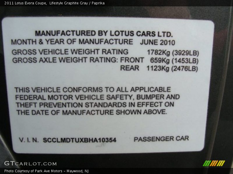 Info Tag of 2011 Evora Coupe