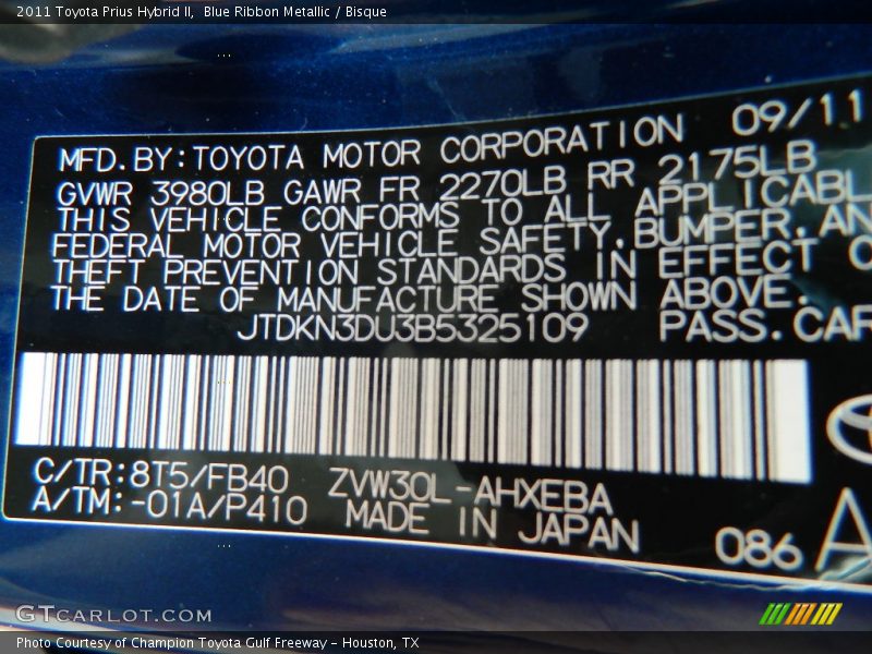 Blue Ribbon Metallic / Bisque 2011 Toyota Prius Hybrid II