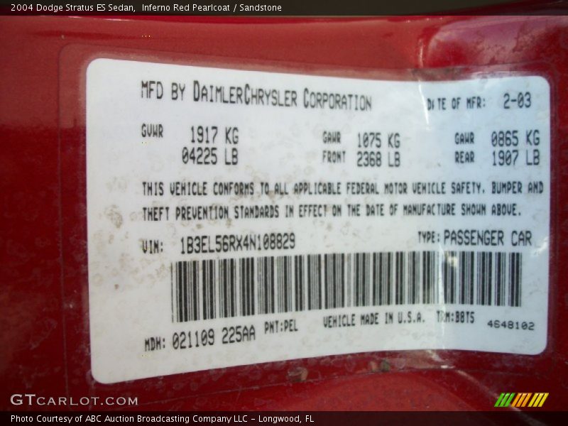 2004 Stratus ES Sedan Inferno Red Pearlcoat Color Code PEL