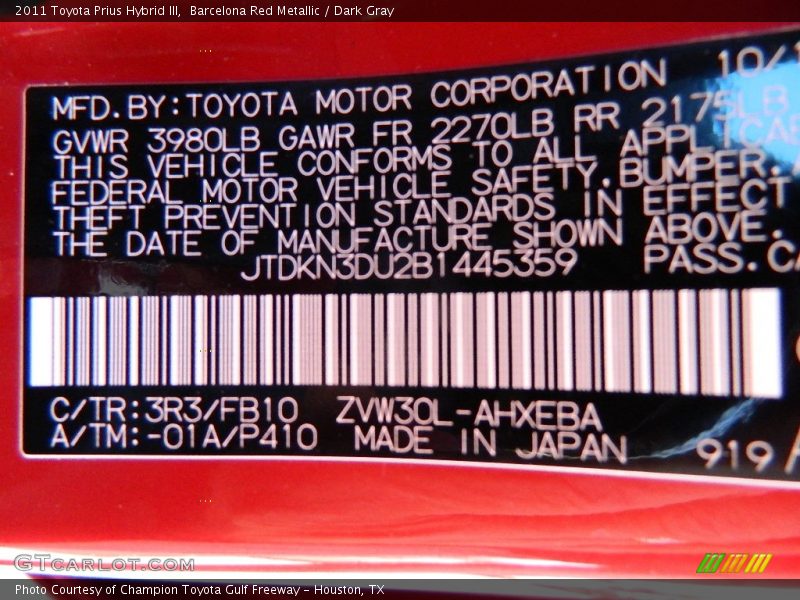 Barcelona Red Metallic / Dark Gray 2011 Toyota Prius Hybrid III