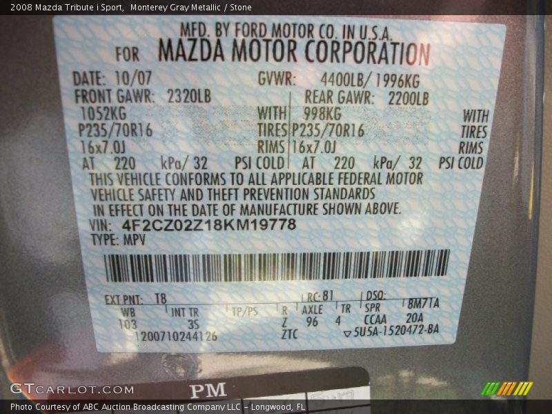 Monterey Gray Metallic / Stone 2008 Mazda Tribute i Sport