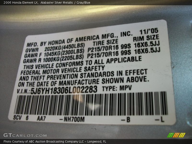 Alabaster Silver Metallic / Gray/Blue 2006 Honda Element LX