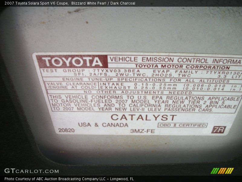 Blizzard White Pearl / Dark Charcoal 2007 Toyota Solara Sport V6 Coupe