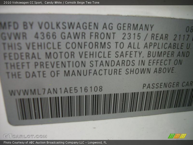 Candy White / Cornsilk Beige Two Tone 2010 Volkswagen CC Sport