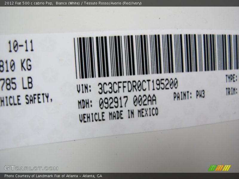 2012 500 c cabrio Pop Bianco (White) Color Code PW3