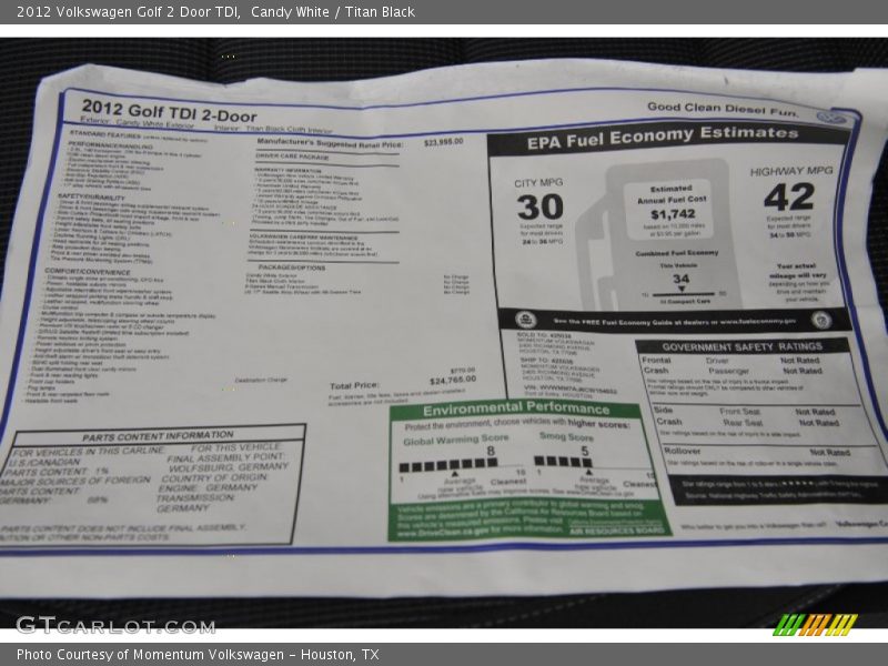  2012 Golf 2 Door TDI Window Sticker