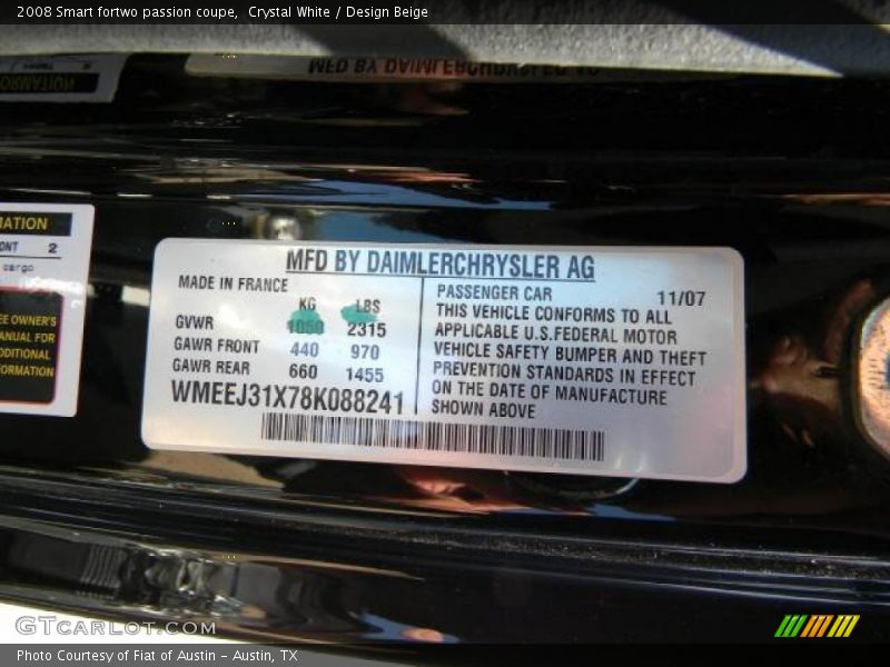 Crystal White / Design Beige 2008 Smart fortwo passion coupe