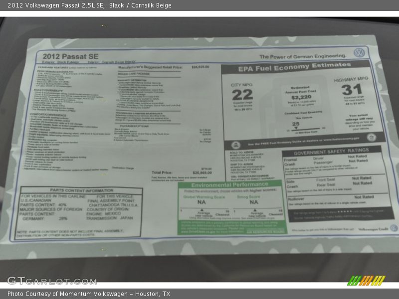 Black / Cornsilk Beige 2012 Volkswagen Passat 2.5L SE