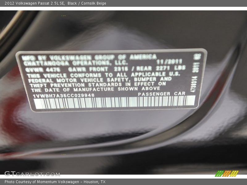 Black / Cornsilk Beige 2012 Volkswagen Passat 2.5L SE