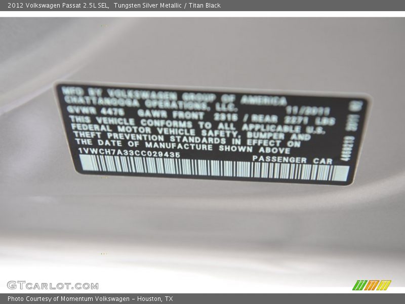 Tungsten Silver Metallic / Titan Black 2012 Volkswagen Passat 2.5L SEL