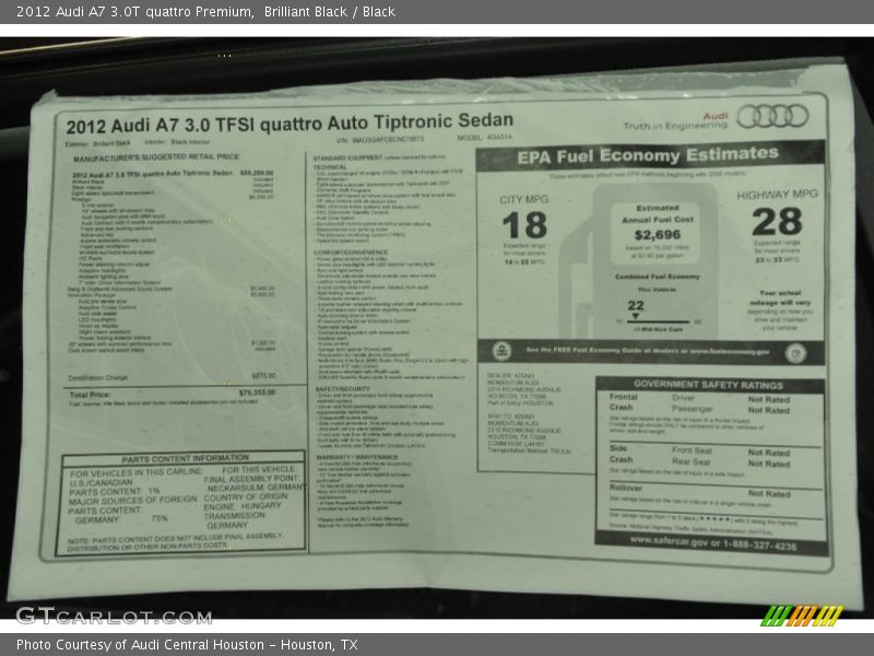  2012 A7 3.0T quattro Premium Window Sticker