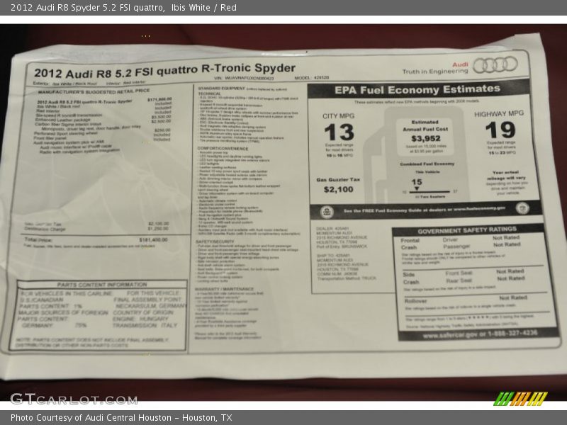  2012 R8 Spyder 5.2 FSI quattro Window Sticker