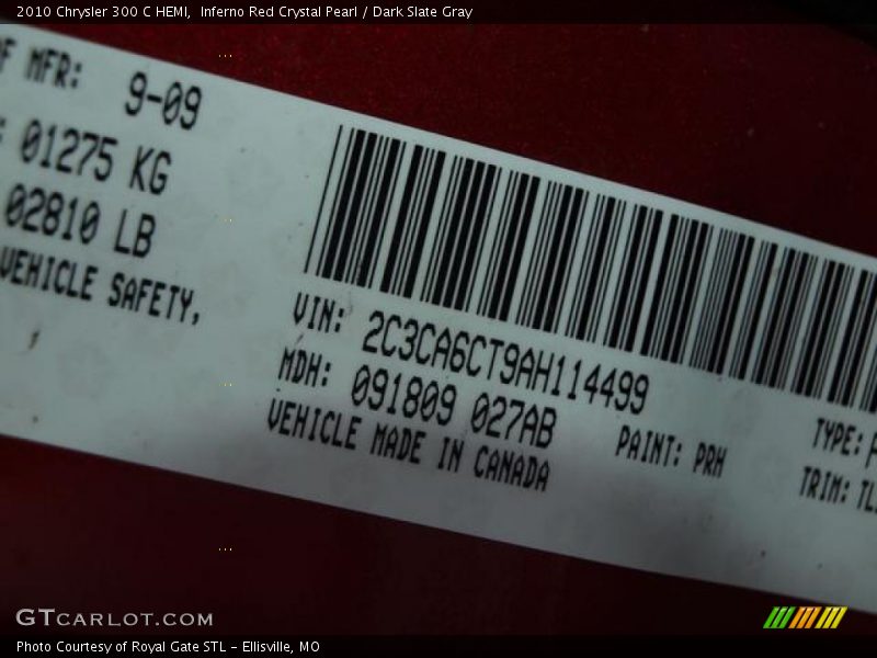 2010 300 C HEMI Inferno Red Crystal Pearl Color Code PRH