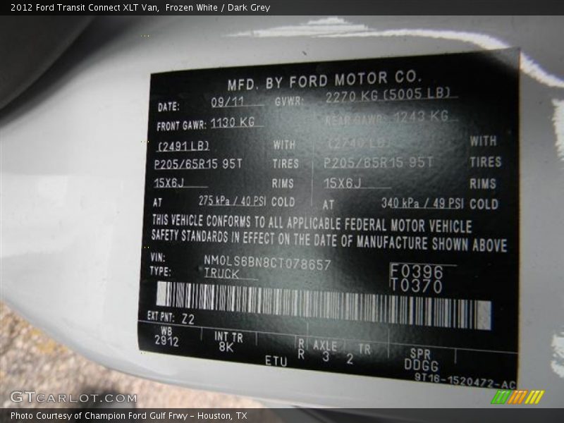 2012 Transit Connect XLT Van Frozen White Color Code Z2