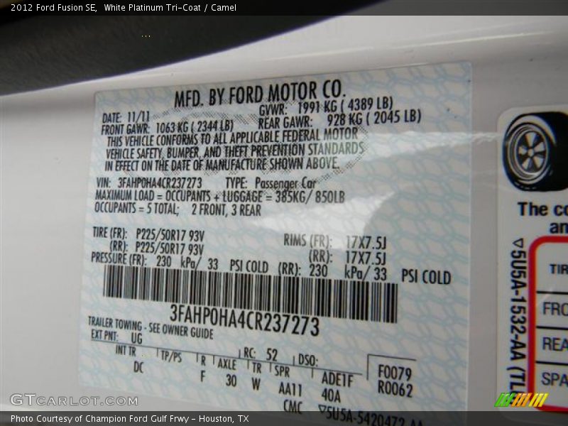 White Platinum Tri-Coat / Camel 2012 Ford Fusion SE