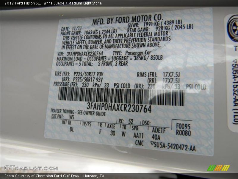 White Suede / Medium Light Stone 2012 Ford Fusion SE