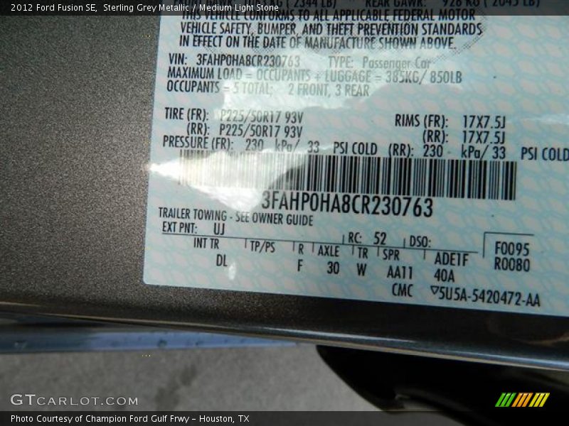 Sterling Grey Metallic / Medium Light Stone 2012 Ford Fusion SE