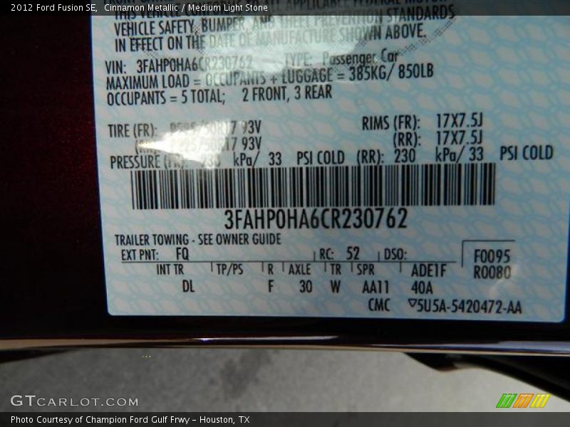 Cinnamon Metallic / Medium Light Stone 2012 Ford Fusion SE