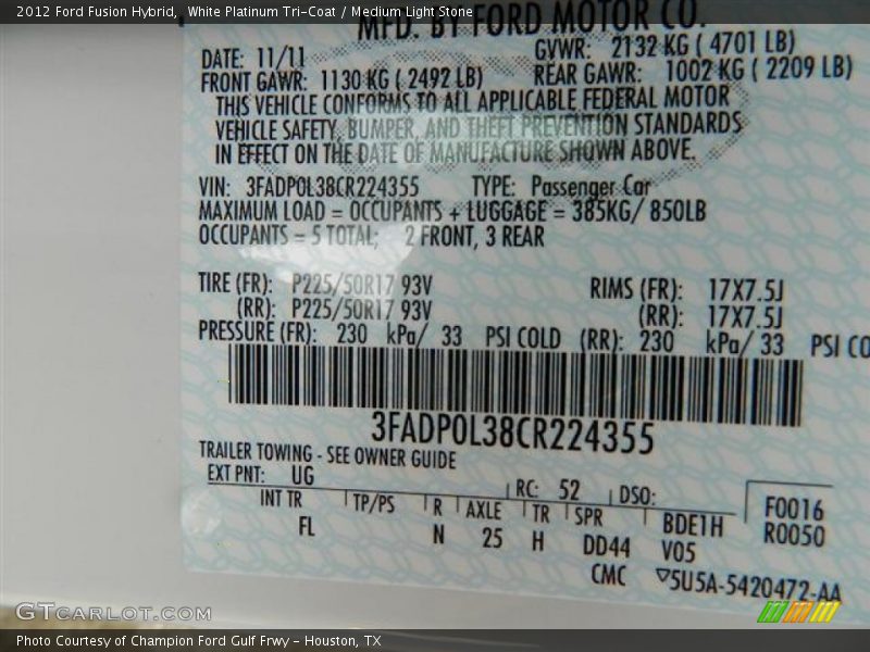 2012 Fusion Hybrid White Platinum Tri-Coat Color Code UG
