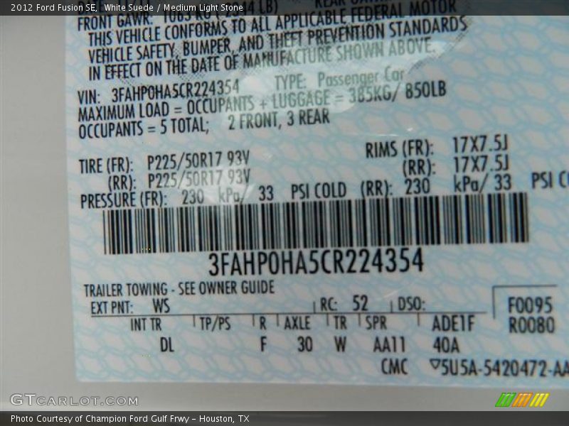 White Suede / Medium Light Stone 2012 Ford Fusion SE