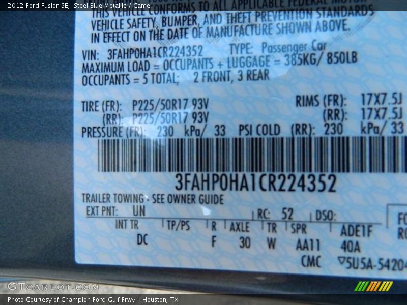 Steel Blue Metallic / Camel 2012 Ford Fusion SE