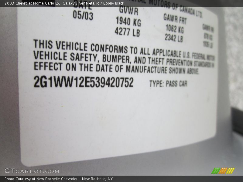 Galaxy Silver Metallic / Ebony Black 2003 Chevrolet Monte Carlo LS