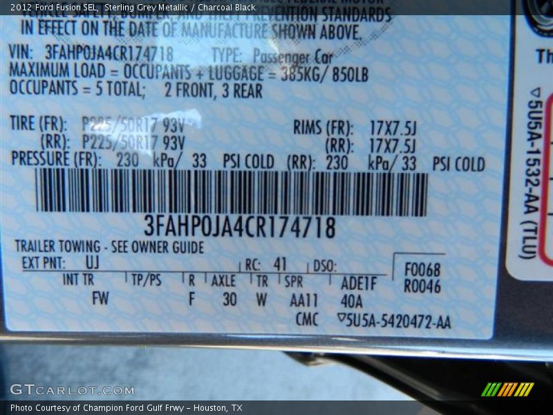 Sterling Grey Metallic / Charcoal Black 2012 Ford Fusion SEL