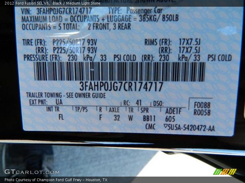Black / Medium Light Stone 2012 Ford Fusion SEL V6