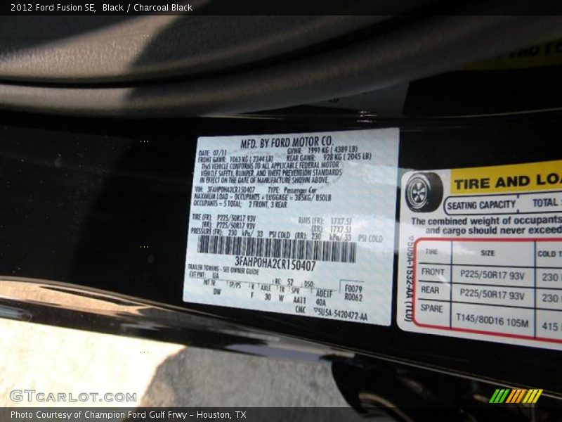 Black / Charcoal Black 2012 Ford Fusion SE