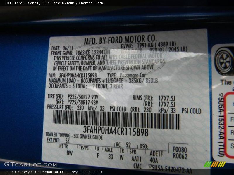 Blue Flame Metallic / Charcoal Black 2012 Ford Fusion SE