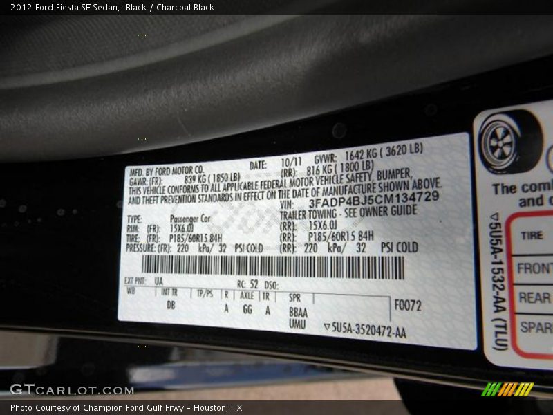 2012 Fiesta SE Sedan Black Color Code UA