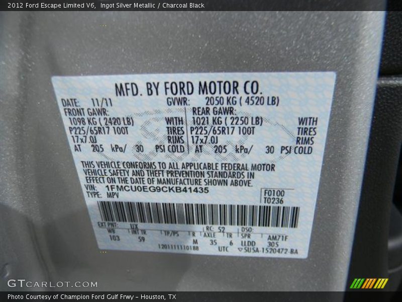 Ingot Silver Metallic / Charcoal Black 2012 Ford Escape Limited V6