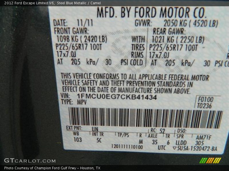 2012 Escape Limited V6 Steel Blue Metallic Color Code UN