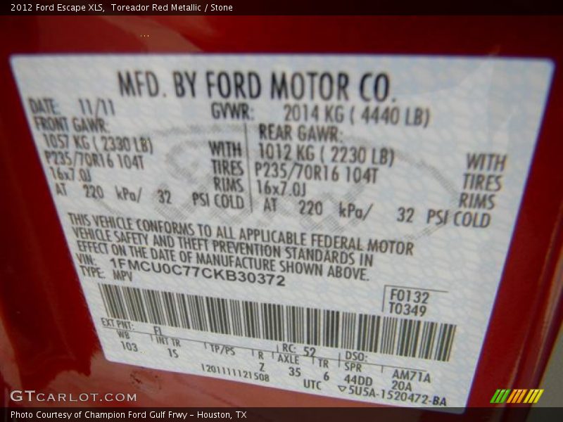 Toreador Red Metallic / Stone 2012 Ford Escape XLS