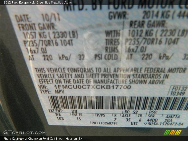 Steel Blue Metallic / Stone 2012 Ford Escape XLS