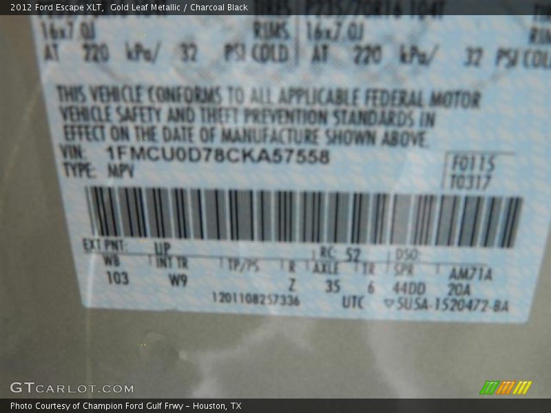 Gold Leaf Metallic / Charcoal Black 2012 Ford Escape XLT