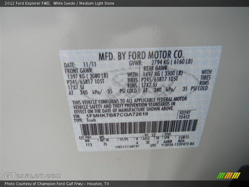 White Suede / Medium Light Stone 2012 Ford Explorer FWD