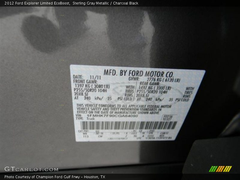 Sterling Gray Metallic / Charcoal Black 2012 Ford Explorer Limited EcoBoost