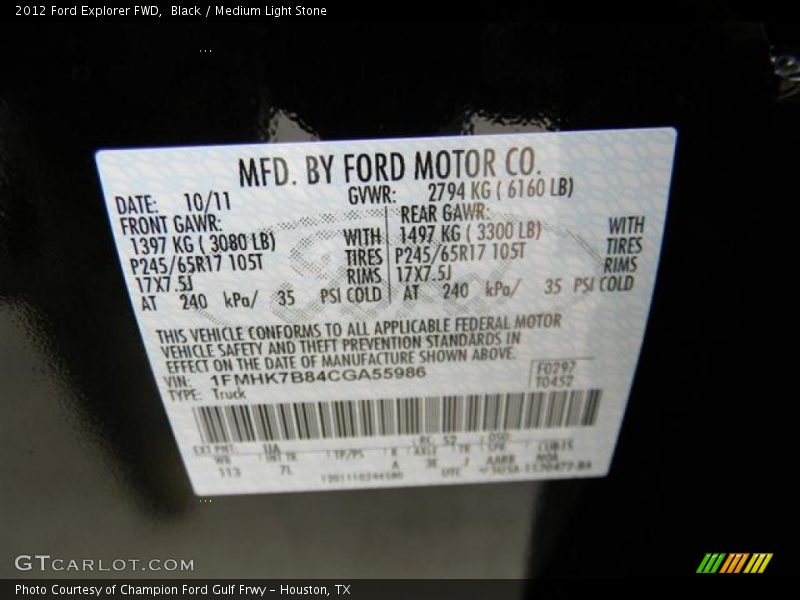 Black / Medium Light Stone 2012 Ford Explorer FWD