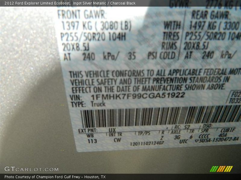 Ingot Silver Metallic / Charcoal Black 2012 Ford Explorer Limited EcoBoost