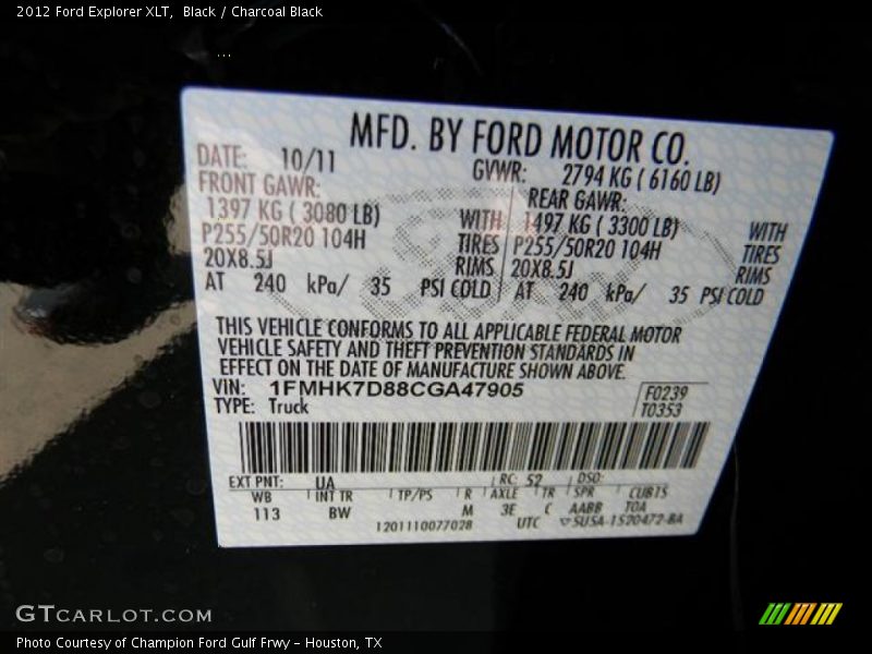 2012 Explorer XLT Black Color Code UA